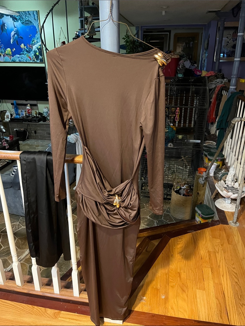 Elegant Brown Long-Sleeve Draped Women’s Dress